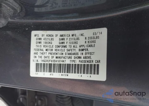 2014 Honda Accord Ex-L z USA, uszkodzony, nr VIN 1HGCR2F80EA187447